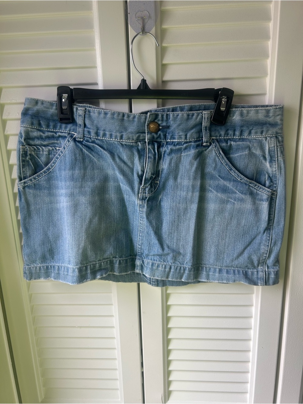 American Eagle Outfitters Light Blue Denim Skirt with Leather Patch